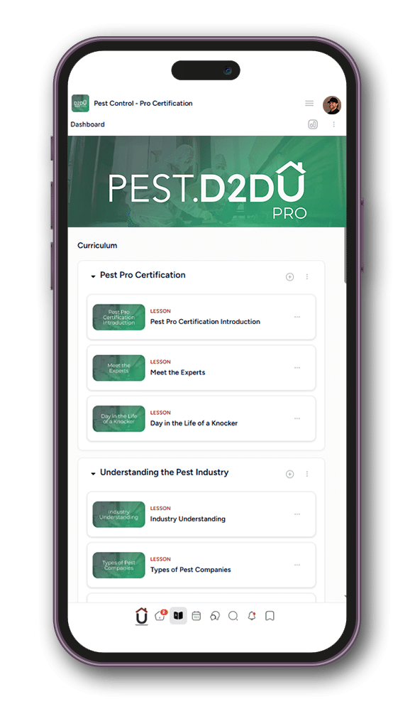 A smartphone screen displays an online learning platform called "PEST.D2DU PRO," showing a curriculum with lessons for Pest Pro Certification and Understanding the Pest Industry.