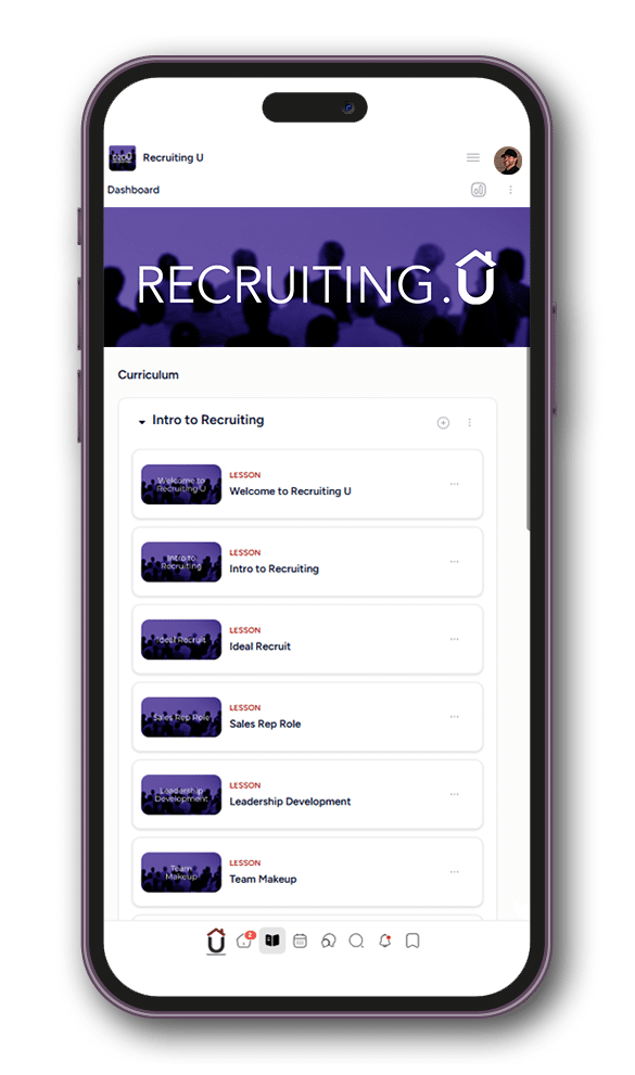 A smartphone displays an online course dashboard titled "Recruiting U," showing a curriculum list with lessons such as "Welcome to Recruiting U," "Intro to Recruiting," "Sales Rep Role," and more.