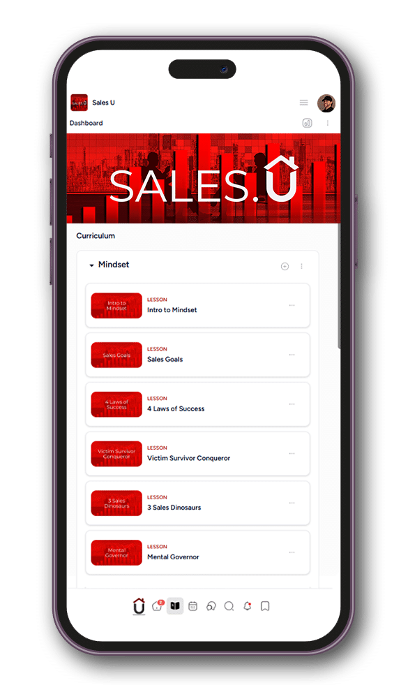A smartphone displays the Sales U app's curriculum screen, showing lessons such as "Intro to Mindset," "Sales Goals," "4 Laws of Success," "Victim Survivor Conqueror," and "Mental Governor.