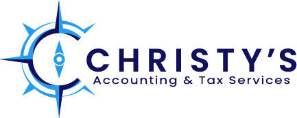 Logo for Christy's Accounting & Tax Services featuring a blue compass design around the letter "C" and the business name in bold blue text to the right.