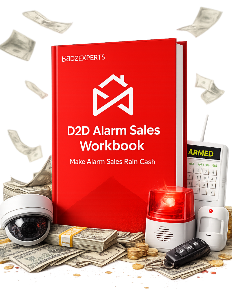 A red book titled "D2D Alarm Sales Workbook" stands upright among cash, coins, a surveillance camera, a keypad, a siren, and a notebook—perfect tools for crafting your next alarm system sales pitch—with dollar bills floating around.
