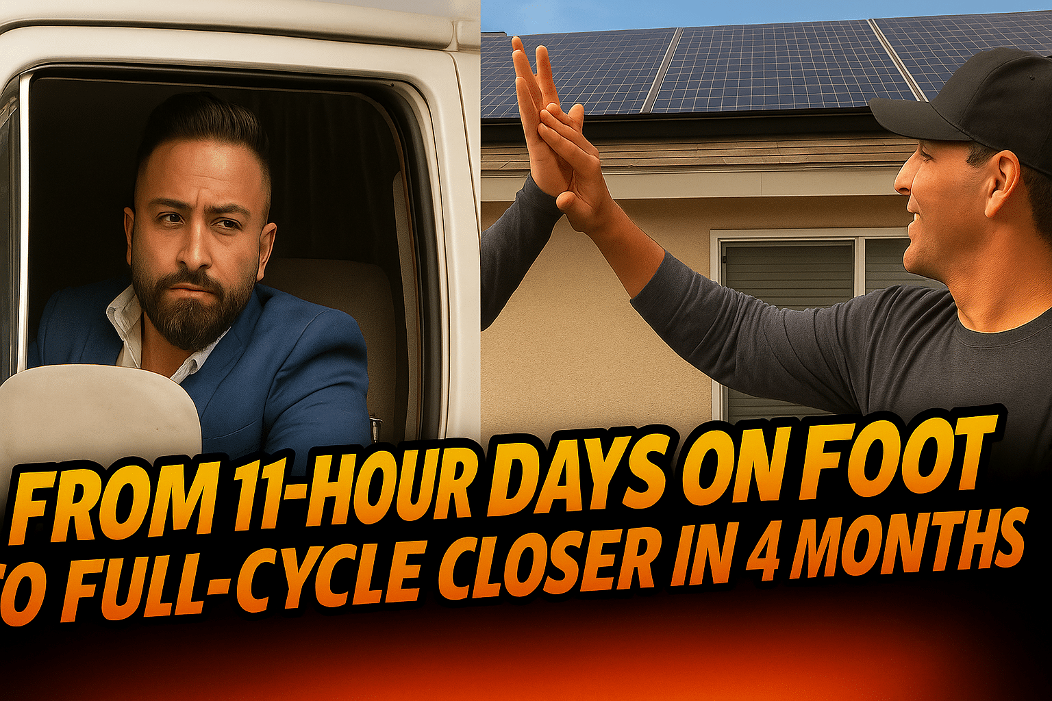 A man in a suit sits in a vehicle, looking out the window, while another man in a cap high-fives someone in front of a house with solar panels. Bold text reads: "From 11-hour days on foot to full-cycle closer in 4 months.