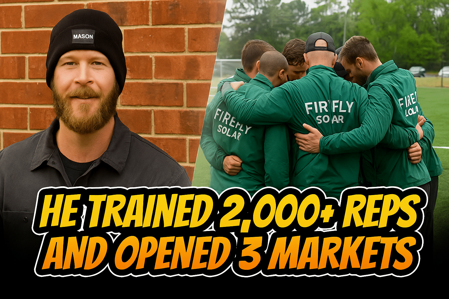 A man in a black beanie and shirt stands by a brick wall. Next to him, a group in green "Firefly Solar" jackets huddle on a field. Bold text reads, "He trained 2,000+ reps and opened 3 markets.