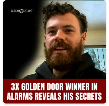 A bearded man with curly hair smiles at the camera. Text reads: "3x Golden Door winner in alarms reveals his secrets." D2DR Podcast logo is in the top left corner.