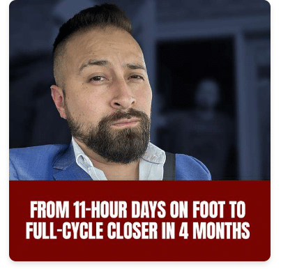 A man with a beard wearing a blue suit and white shirt looks at the camera. The text below reads: "From 11-hour days on foot to full-cycle closer in 4 months.