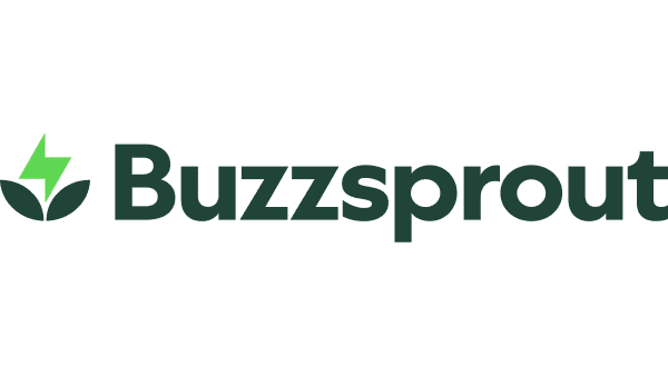 Buzzsprout logo with green text and a stylized green leaf and white signal icon to the left of the word "Buzzsprout" on a white background.