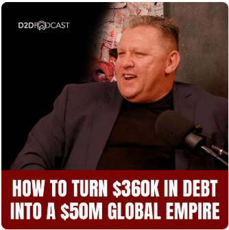 Danny Dimas, in a dark blazer, speaks into a microphone on the Door to Door Podcast. Text below reads: "How to turn $360K in debt into a $50M global empire.