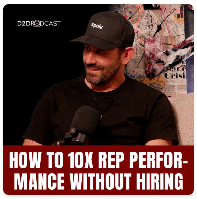 A man in a black shirt and hat sits in front of a microphone, smiling. Behind him is a collage-style wall. Text below reads: "HOW TO 10X REP PERFORMANCE WITHOUT HIRING.