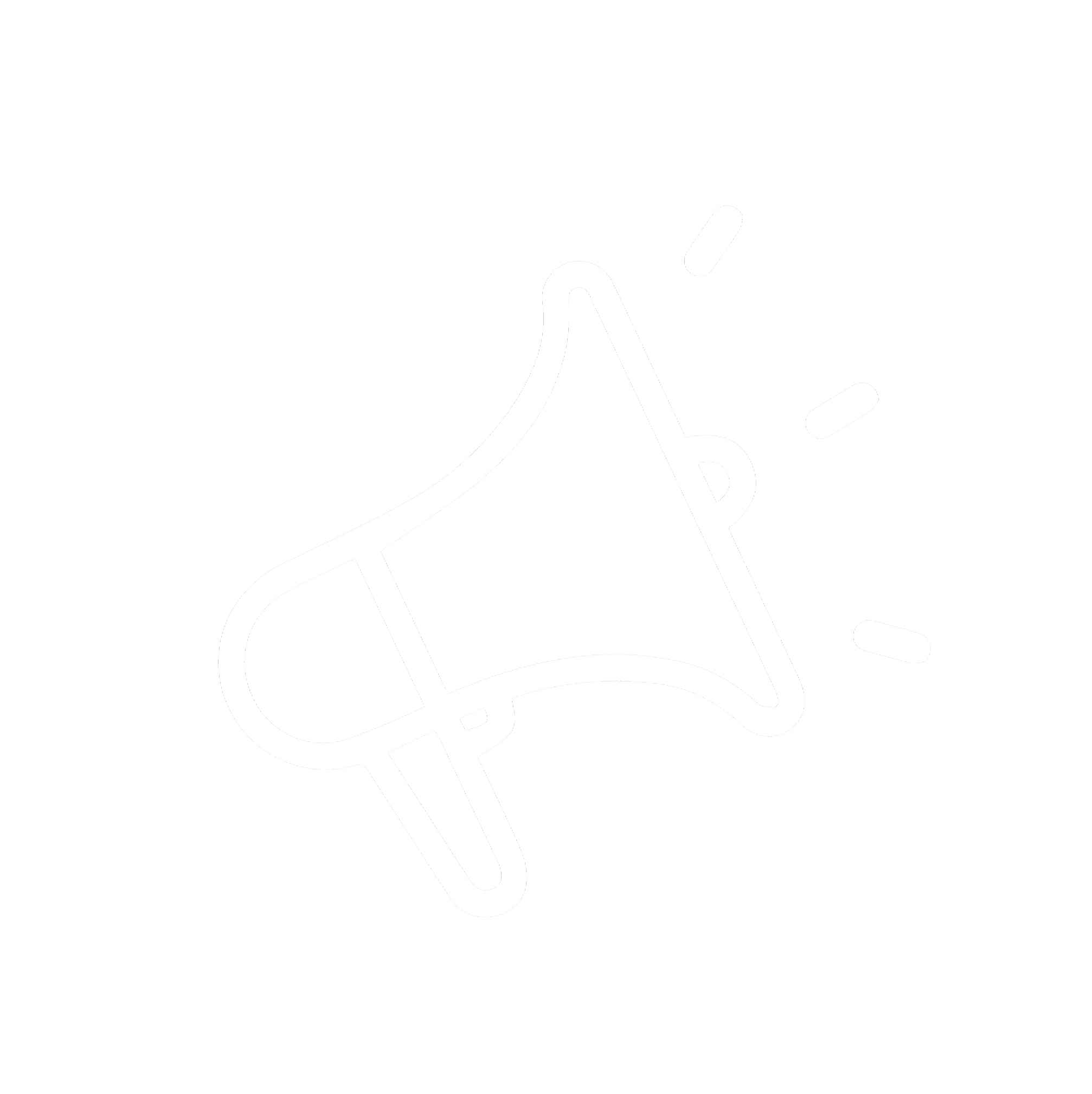 A simple white line drawing of a megaphone with three short lines emanating from its bell, indicating sound or an announcement, on a light gray background.