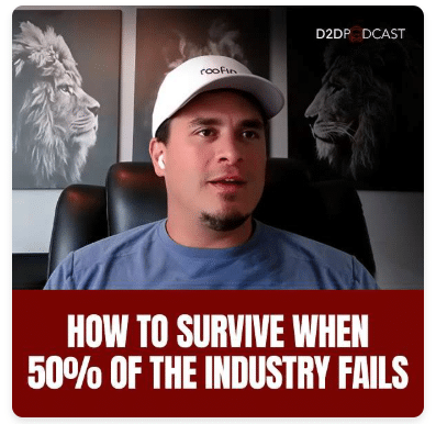 A man in a white cap and blue shirt sits in front of two lion portraits, speaking on a podcast. Text at the bottom reads, "HOW TO SURVIVE WHEN 50% OF THE INDUSTRY FAILS.