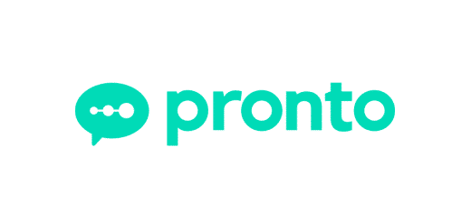 Logo with the word “pronto” in turquoise lowercase letters. To the left, there is a turquoise speech bubble containing four white circles connected by a line, resembling a chat or messaging icon.