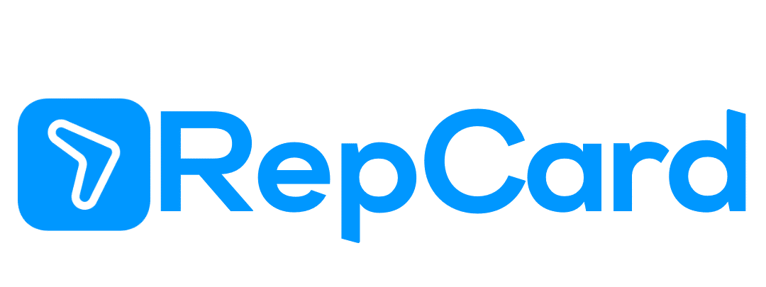 RepCard logo with a blue icon on the left featuring a stylized white arrow, followed by the word "RepCard" in bold blue text on a light gray background.