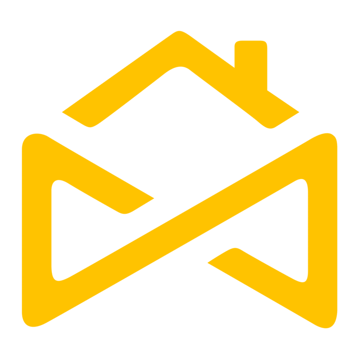 A yellow outline of a house with a chimney is combined with an infinity symbol on a light gray background.