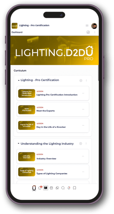A smartphone screen displays an online course titled "Lighting.D2DU Pro Certification," showing a curriculum with sections and lessons such as introductions and types of lighting companies. A smartphone screen displays an online course titled "Lighting.D2DU Pro Certification," showing a curriculum with sections and lessons such as introductions and types of lighting companies.