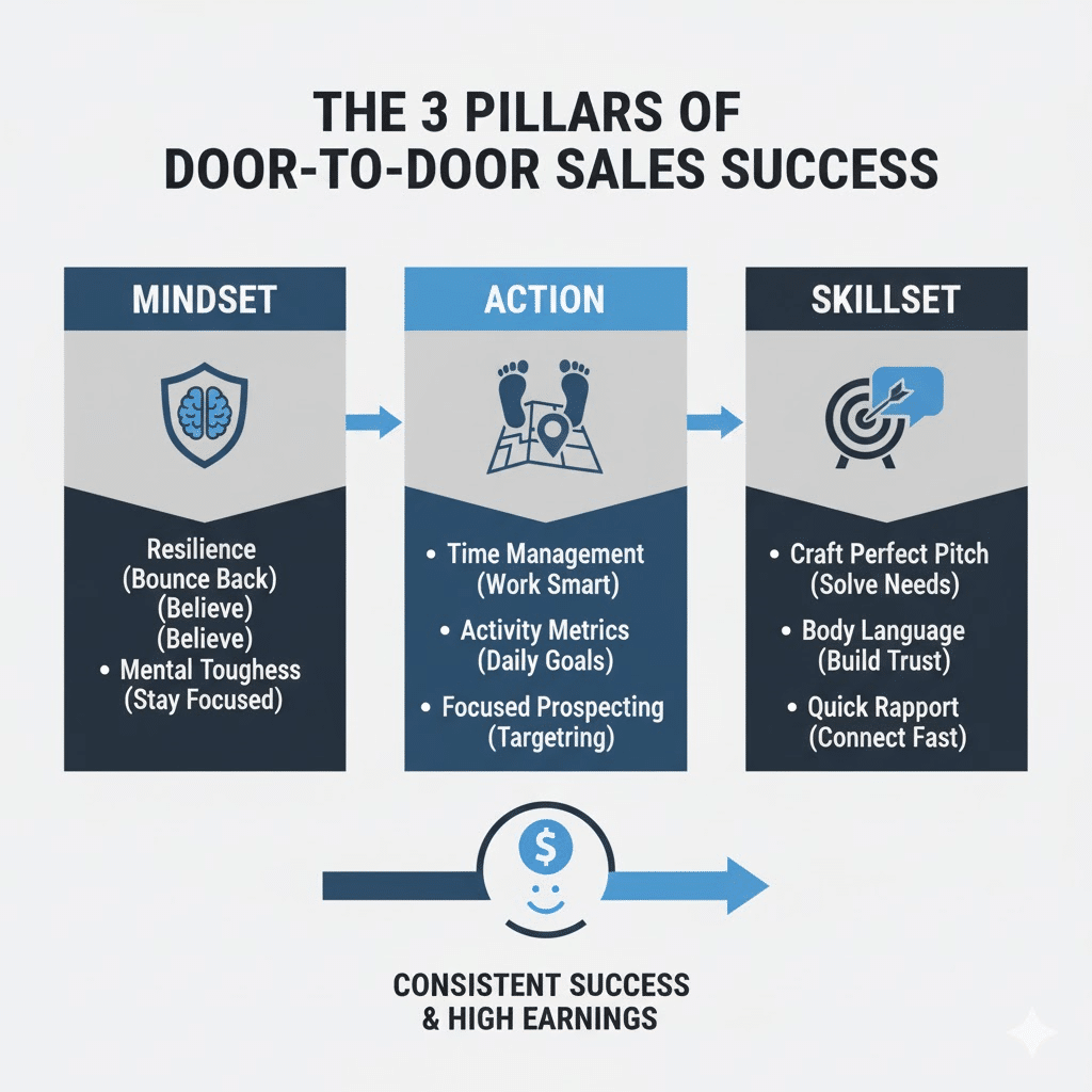 Infographic showing the 3 pillars of door-to-door sales success: Mindset (resilience, belief, focus), Action (time management, activity metrics, targeted prospecting), and Skillset (pitch crafting, body language, rapport), leading to earnings.