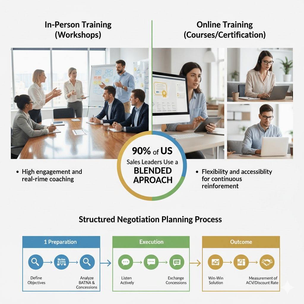 Infographic comparing in-person and online sales training; highlights a blended approach. Includes photos of teams, icons, and a flow chart of the negotiation process: Preparation, Execution, Outcome.
