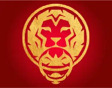 Gold lion head logo with a stylized mane, outlined in a circular border, on a red background. The design also subtly forms a smiling theatrical mask at the base of the mane.