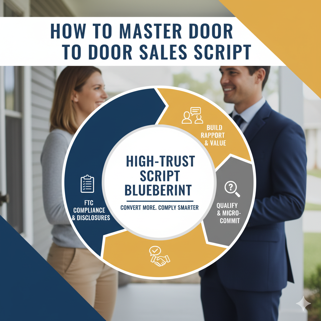 Door to door sales script A man and woman smile and converse outside a house. In the foreground, a circular infographic labeled “High-Trust Script Blueberint” details steps for door-to-door sales: compliance, rapport, value, and micro-commitments. A man and woman smile and converse outside a house. In the foreground, a circular infographic labeled "High-Trust Script Blueberint" details steps for door-to-door sales: compliance, rapport, value, and micro-commitments.