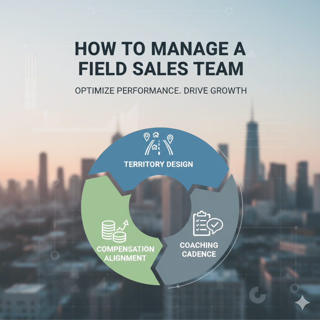 Hero Visual for how to manage a field sales team A circular diagram titled "How to Manage a Field Sales Team" with three segments: Territory Design, Coaching Cadence, and Compensation Alignment, over a city skyline background.