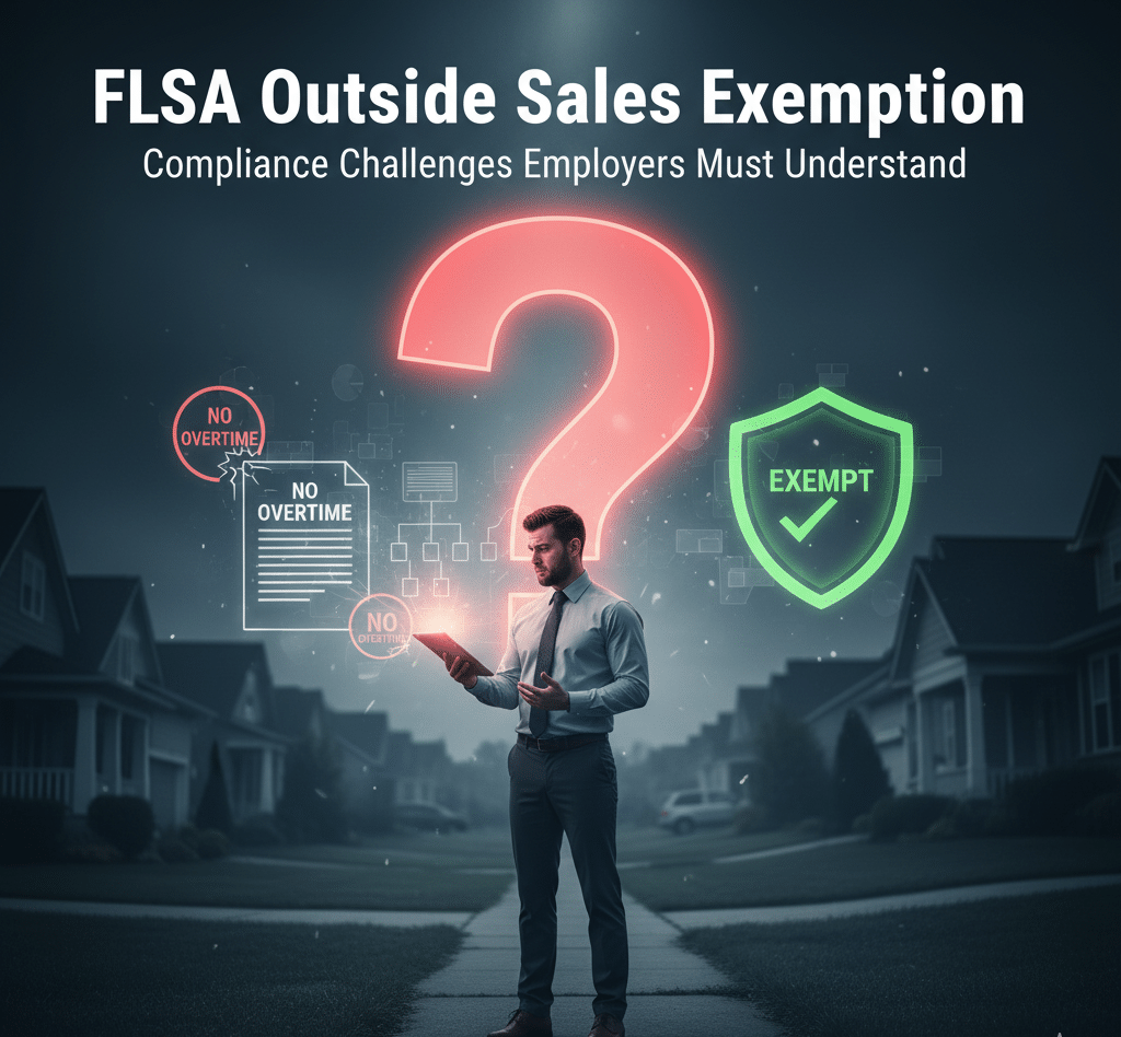 A businessman stands in a suburban street holding a tablet, surrounded by floating icons: a red question mark, "NO OVERTIME" documents, and a green "EXEMPT" shield. Text above reads, "FLSA Outside Sales Exemption: Compliance Challenges Employers Must Understand.
