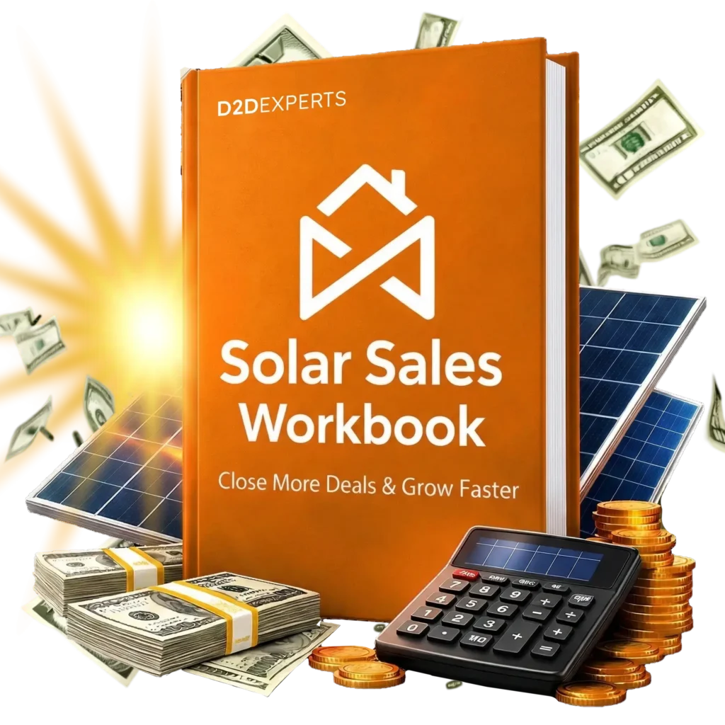 An orange book titled "Solar Sales Workbook" is surrounded by stacks of cash, gold coins, a calculator, solar panels, and floating dollar bills, with a bright sunburst—perfect for learning how to sell solar panels successfully.