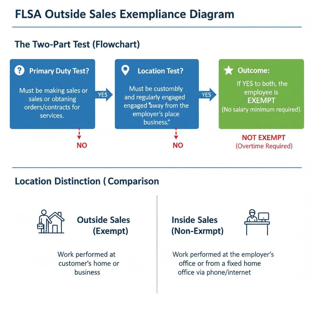 A flowchart explains FLSA outside sales exemption: If both primary duty and location tests are met, the employee is exempt. A comparison shows outside sales done offsite and inside sales done at the employer’s location.