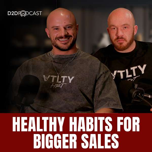 Two men sit side by side, smiling, wearing matching "WTLTY HRT" shirts. A podcast microphone is visible in front of them. Text below reads: "Healthy Habits for Bigger Sales.