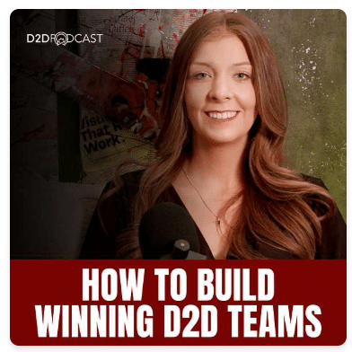 A woman with long brown hair stands in front of a microphone, smiling, with the text "HOW TO BUILD WINNING D2D TEAMS" displayed below her on a red background. The D2D Podcast logo appears in the top left corner.