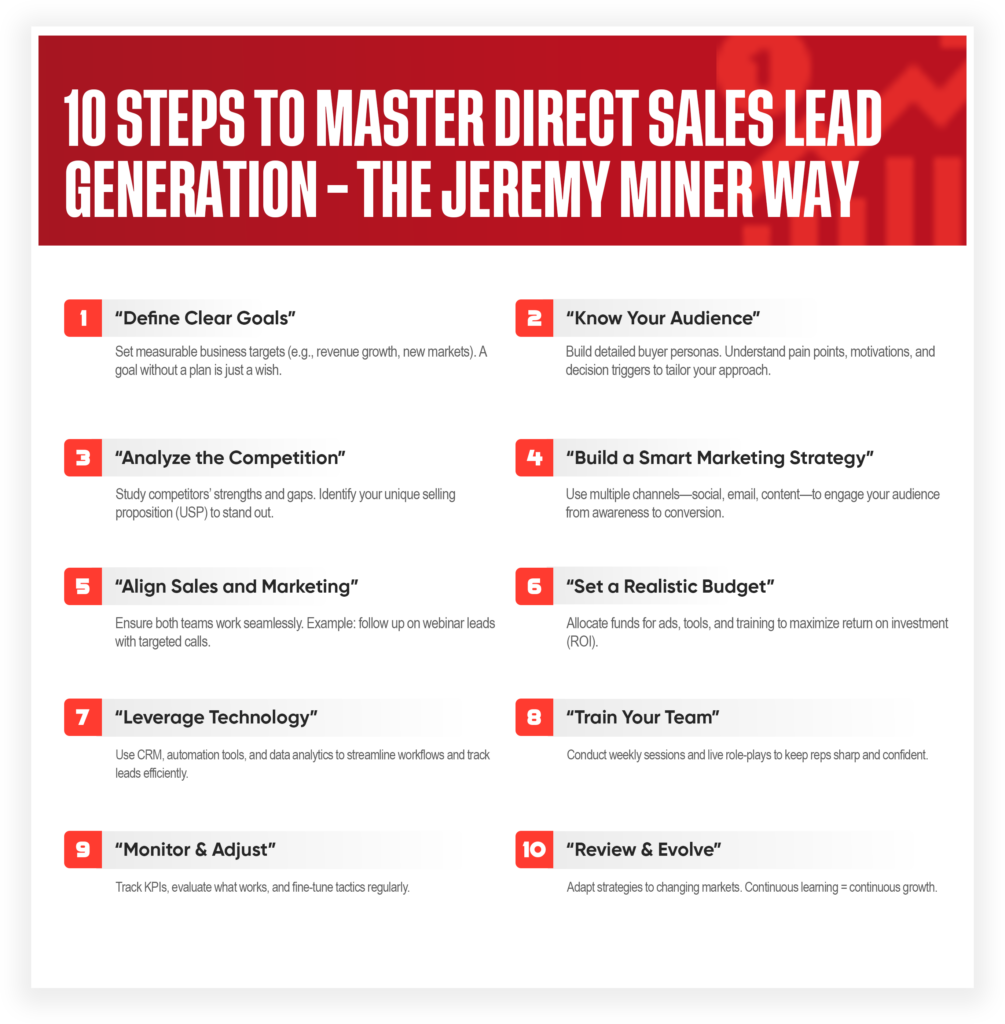 An infographic titled “10 Steps to Master Direct Sales Lead Generation – The Jeremy Miner Way” lists direct sales lead generation steps in red and white boxes, each with a brief explanation. The steps are numbered from 1 to 10.
