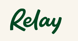 The word "Relay" written in dark green cursive font on a light beige background.