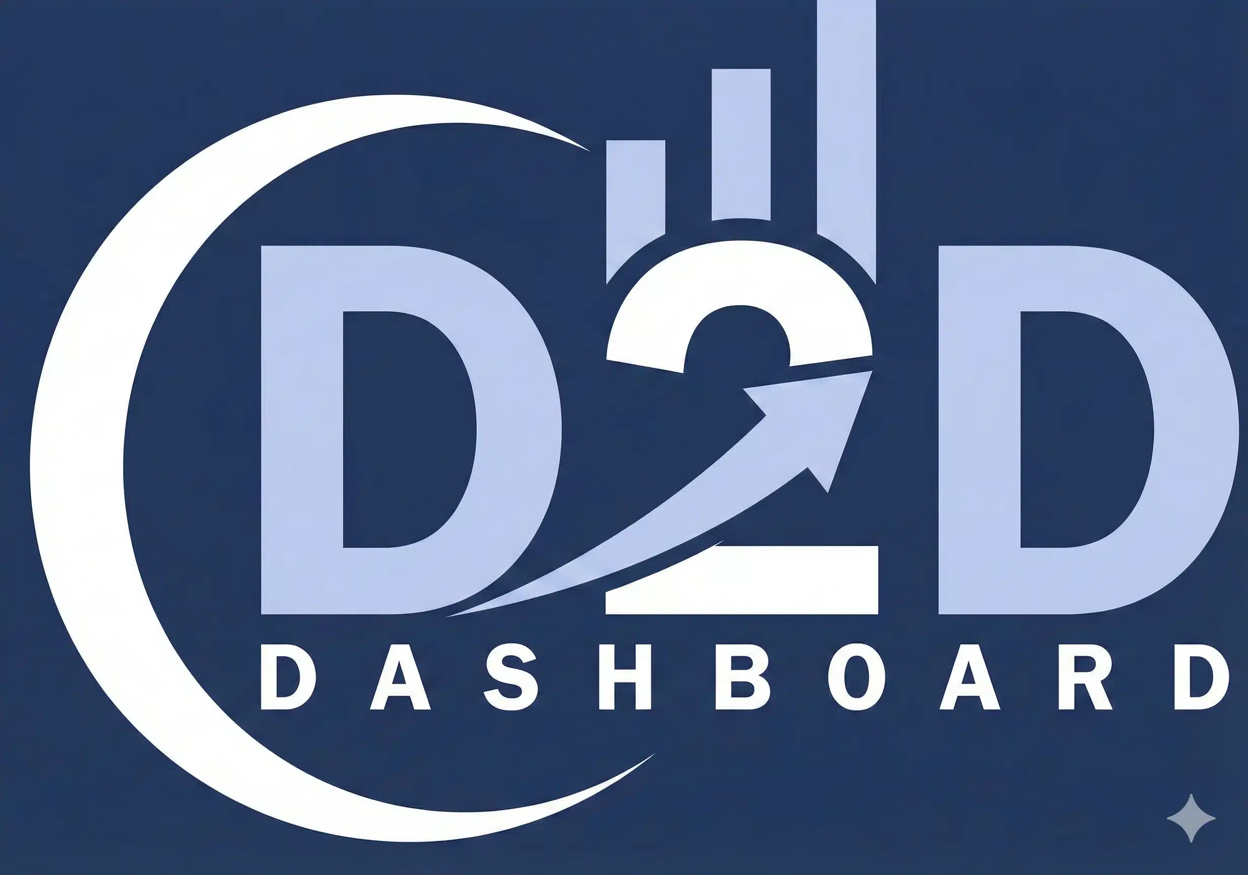 Logo with large letters “D2D” and the word “DASHBOARD” below. A crescent shape, bar chart, and arrow are integrated into the design, all on a dark blue background.