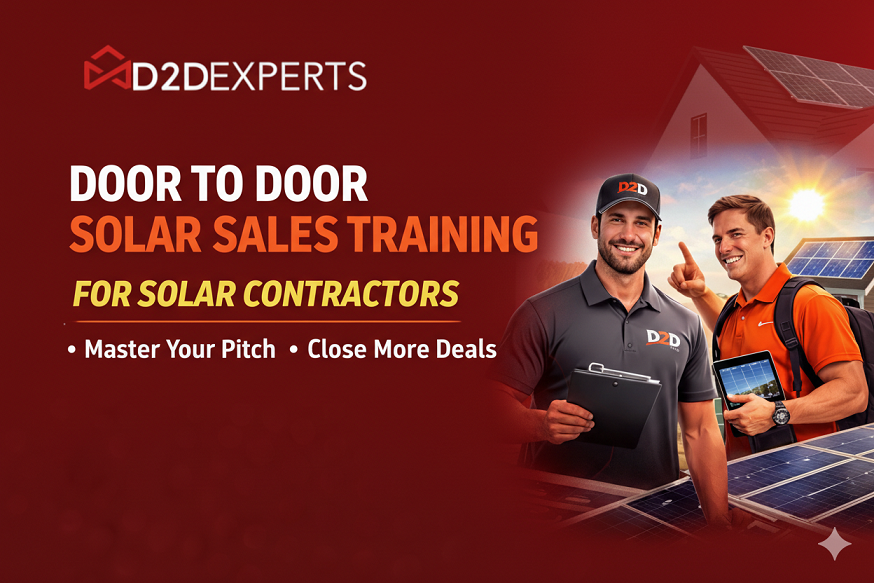 Promotional graphic for D2D Experts’ door-to-door solar sales training. Features two smiling men in branded hats holding a clipboard and tablet, with solar panels and a house in the background. Text highlights training for solar contractors.