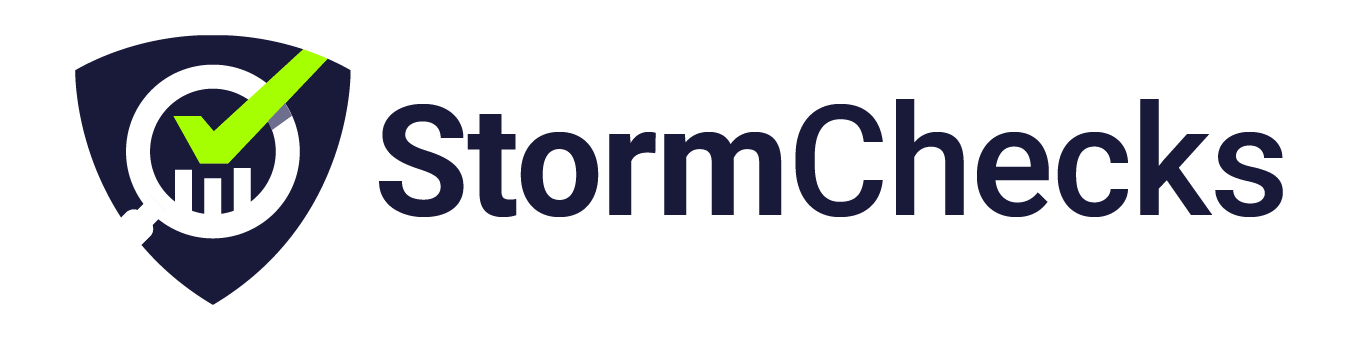 StormChecks logo featuring a navy shield with a white circular design, green check mark, and bar chart inside. "StormChecks" is written in bold navy text to the right of the shield.