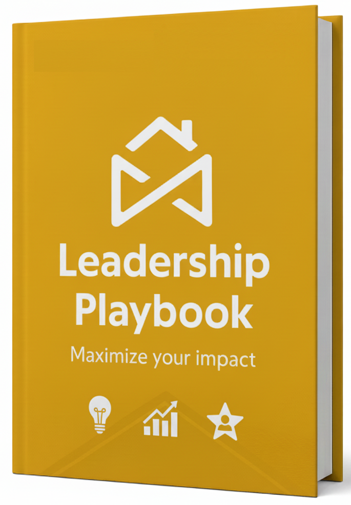 A yellow hardcover book titled "Leadership Playbook: Maximize your impact" with a white icon above the title and three small icons—a lightbulb, bar chart, and star—along the bottom edge.
