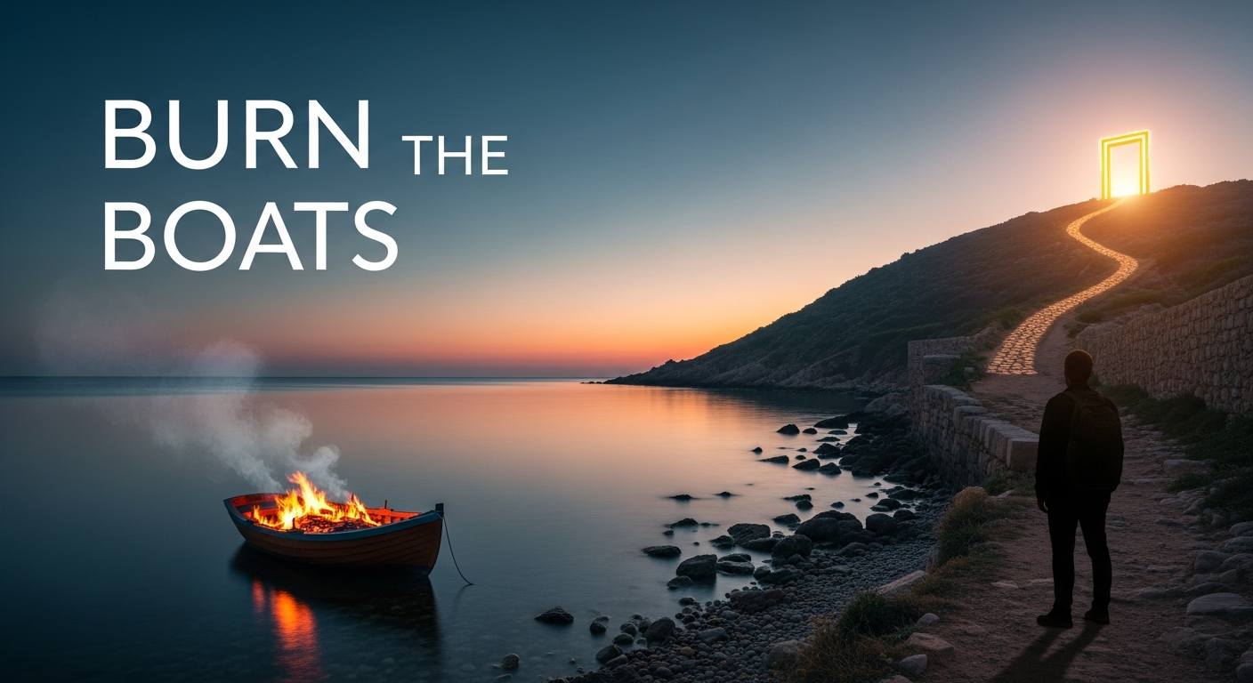 A person stands on a rocky shore at sunset, watching a boat burning on the water. A path leads uphill toward a glowing doorway. Text on the image reads “BURN THE BOATS. A person stands on a rocky shore at sunset, watching a boat burning on the water. A path leads uphill toward a glowing doorway. Text on the image reads "BURN THE BOATS.