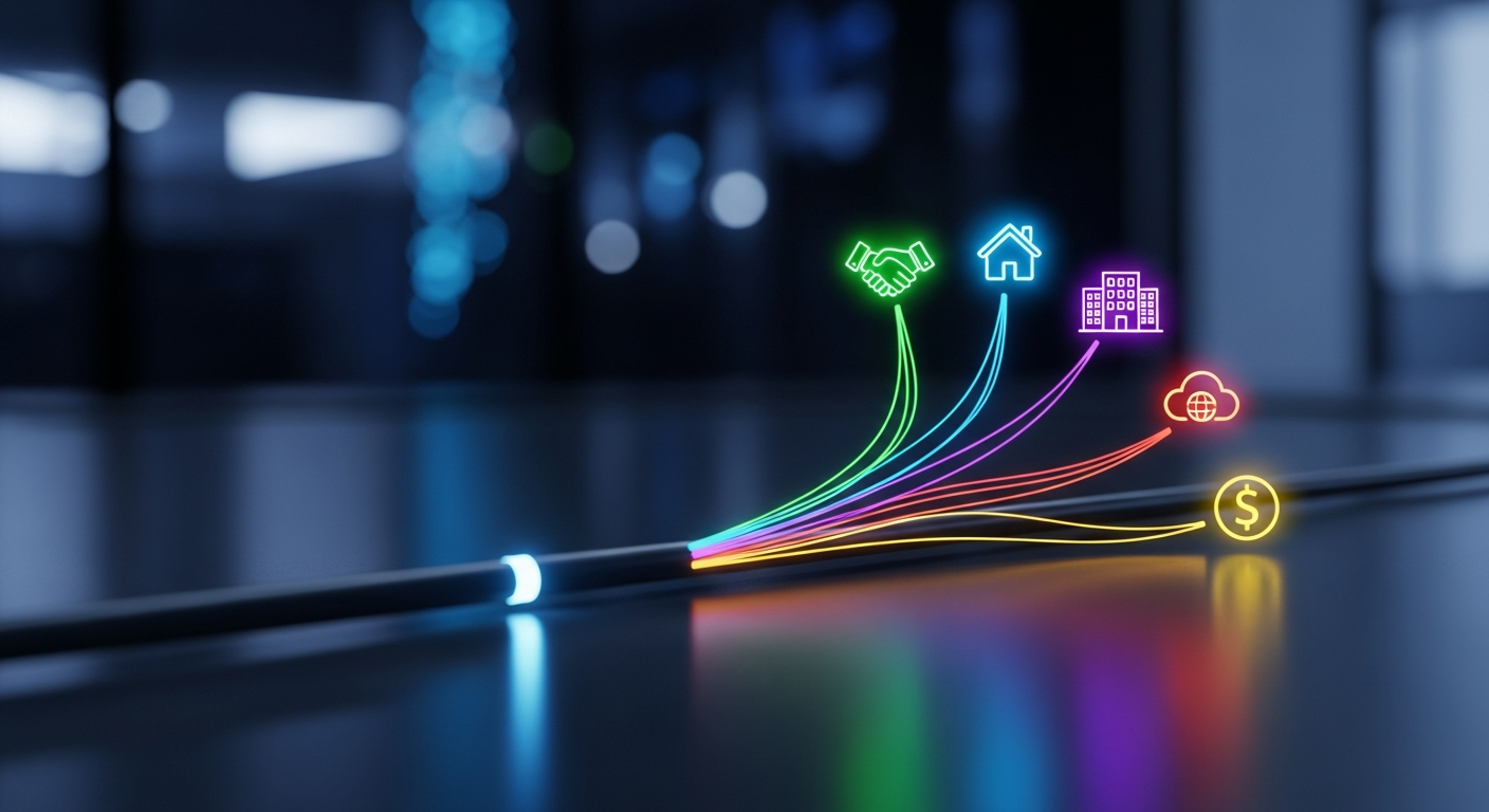 A glowing fiber optic cable with colorful light strands extending to various icons, including a handshake, house, building, cloud, and dollar sign, symbolizing data and connectivity in different industries. A glowing fiber optic cable with colorful light strands extending to various icons, including a handshake, house, building, cloud, and dollar sign, symbolizing data and connectivity in different industries.