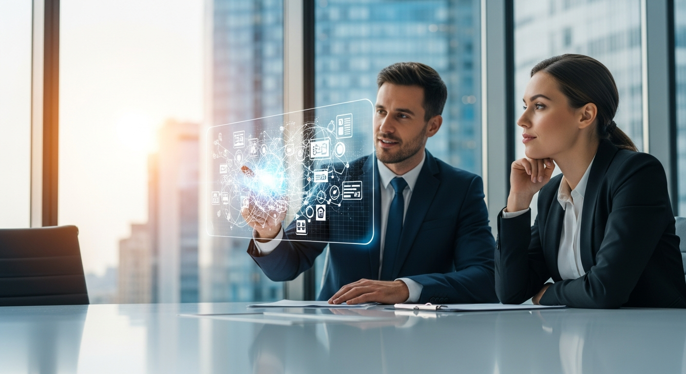 Two business professionals in suits sit at a table in a modern office, interacting with a futuristic digital interface displaying data and icons, with city buildings visible through large windows in the background.