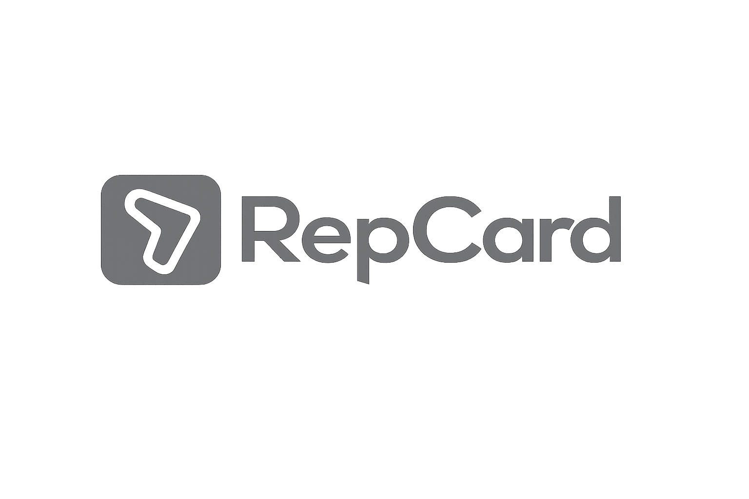 Gray logo with a rounded square containing a stylized arrow symbol on the left, and the word "RepCard" in bold text on the right, all on a light background.