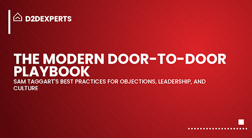 Red presentation slide titled "The Modern Door-to-Door Sales Playbook" with subtitle "Sam Taggart’s best practices for objections, leadership, and culture," featuring the D2DExperts logo at the top left.