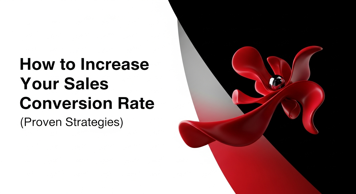Presentation slide with the title “How to Increase Your Sales Conversion Rate (Proven Strategies)” on a white background, featuring a red abstract 3D shape on a black, white, and red gradient design. Presentation slide with the title "How to Increase Your Sales Conversion Rate (Proven Strategies)" on a white background, featuring a red abstract 3D shape on a black, white, and red gradient design.