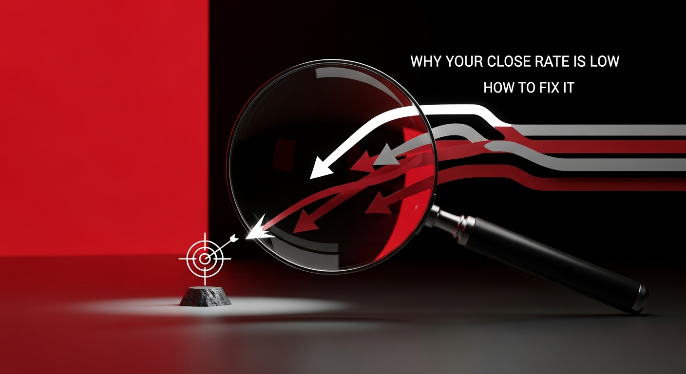 A magnifying glass focuses on a target with arrows converging toward it. Text reads: "WHY YOUR CLOSE RATE IS LOW HOW TO FIX IT." The background is red, black, and white with a modern graphic design.
