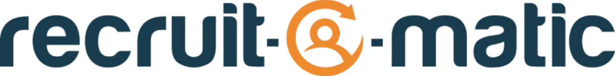 Logo for "recruit-o-matic" with the word in dark blue and a stylized orange icon of a person surrounded by arrows forming the "o" in the center.