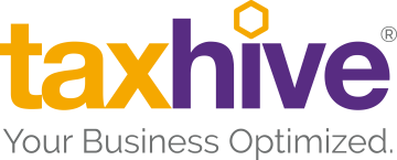 Logo for Tax Hive. The word "tax" is in orange, and "hive" is in purple with a small hexagon above the "i." Below, gray text reads "Your Business Optimized." on a light background.
