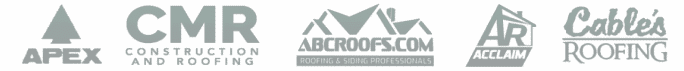 Five grayscale roofing company logos: APEX with a pine tree, CMR Construction and Roofing, ABE ROOFS with mountain peaks, AR ACCLAIM with a roof image, and Coble’s Roofing in script font.