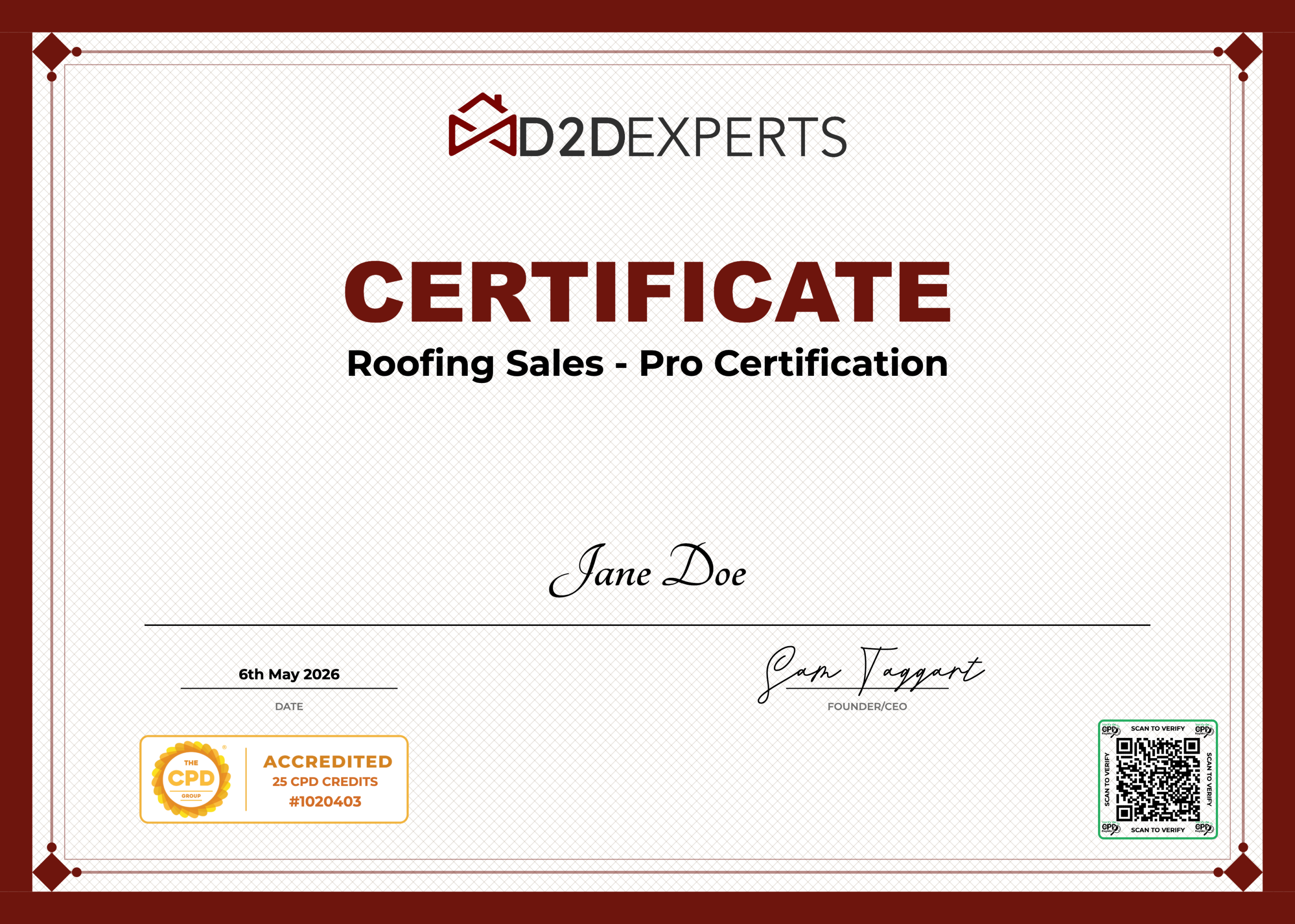 Certificate from D2D Experts awarded to Jane Doe for Roofing Sales - Pro Certification, dated 6th May 2026, signed by the founder, with a CPD accreditation badge and a QR code in the corner.