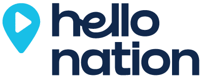 Logo with a blue location pin containing a white play button, next to the words "hello nation" in bold, dark blue lowercase letters.