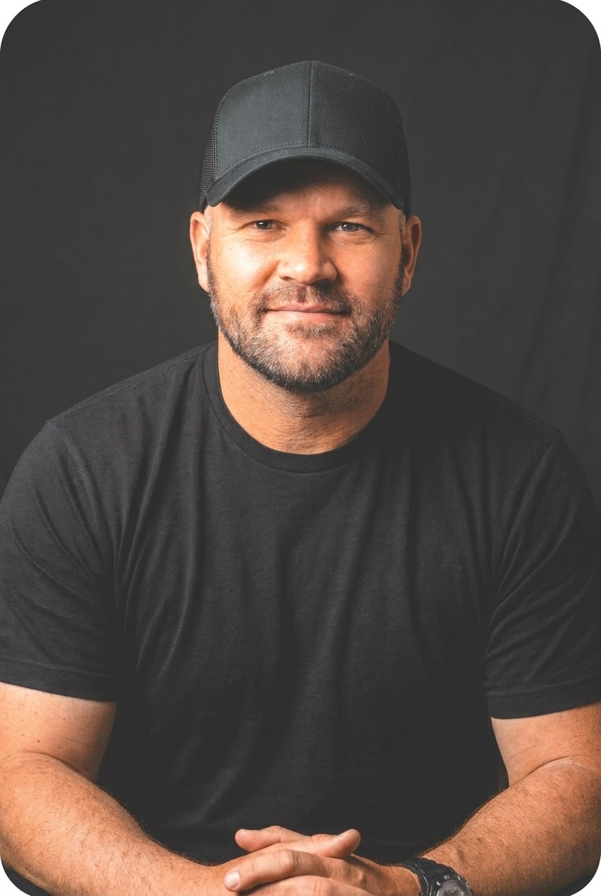 A man with a beard wearing a black cap and black t-shirt sits with his hands loosely clasped, smiling slightly, against a plain dark background.
