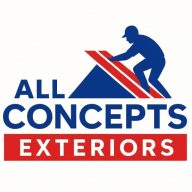 Logo for All Concepts Exteriors. A silhouette of a person works on a roof with red and blue lines above the company name in blue text, with “Exteriors” in white text on a red rectangle below.