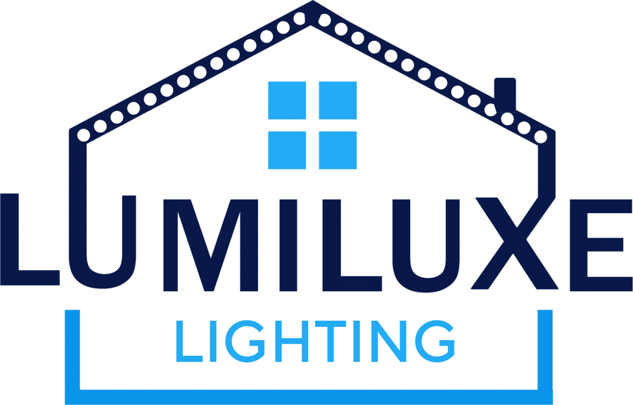 Logo for Lumiluxe Lighting. The word “LUMILUXE” is in bold navy text. Above, a house outline with dotted roof and a blue window. “LIGHTING” is written below in light blue within a blue rectangle outline.
