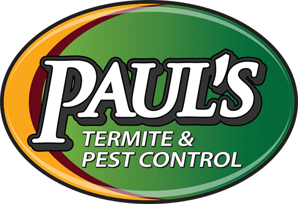 Logo for “Paul’s Termite & Pest Control” in bold white letters on a green and yellow oval background.